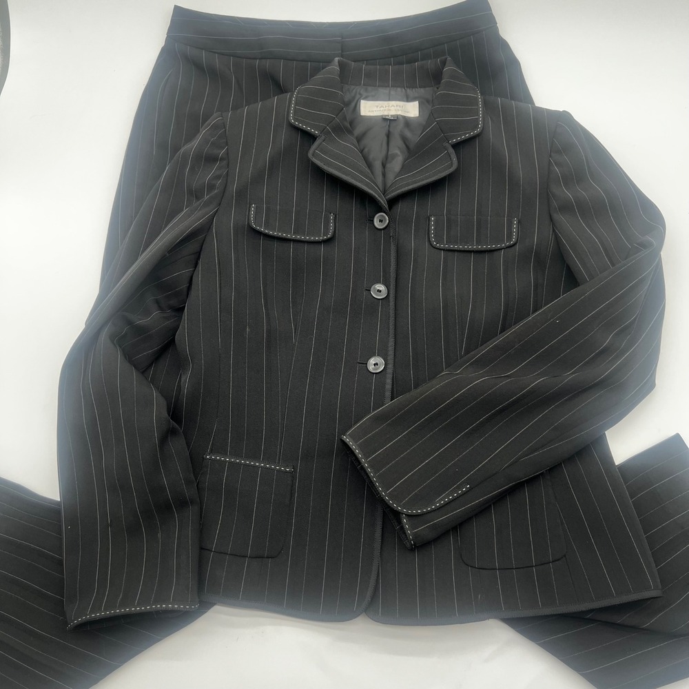 Tahari Arthur S Levine Mens Black Pinstripe Herringbone Pant Suit Blazer Size 8 - Picture 4 of 16